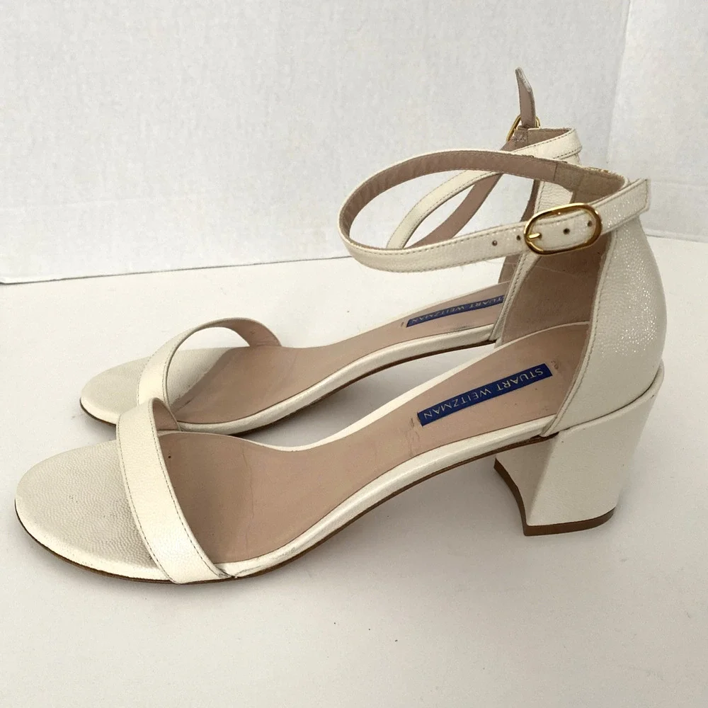 Stuart Weitzman Nearlynude Simple Sandal Open Toe Block Heel Off White Textur 10